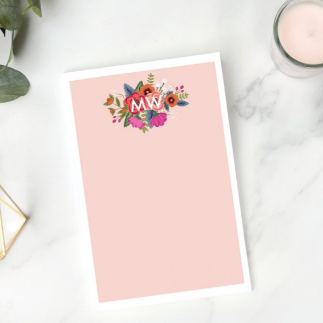 Blush Boho Florals White Monogram Post-it Klebezettel (Von Creator hochgeladen)