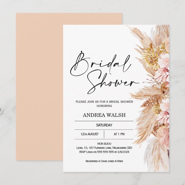Blush Boho Pampas Grass Bridal Dusche Einladung (Vorne/Hinten)