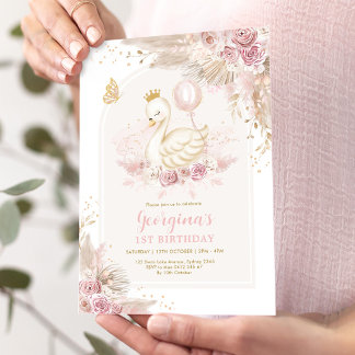 Blush Boho Swan Princess Girl Birthday Einladung