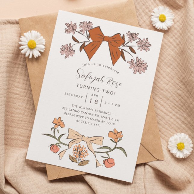 Blush Bows and Blossoms Girl Birthday Party Einladung (Von Creator hochgeladen)