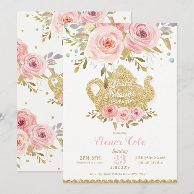 Blush Brautparty Tee Party Einladung (Vorne/Hinten)