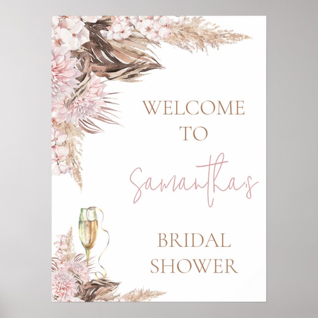 Blush Brown Floral Boho Brautparty Begrüßungszeich Poster (Vorne)
