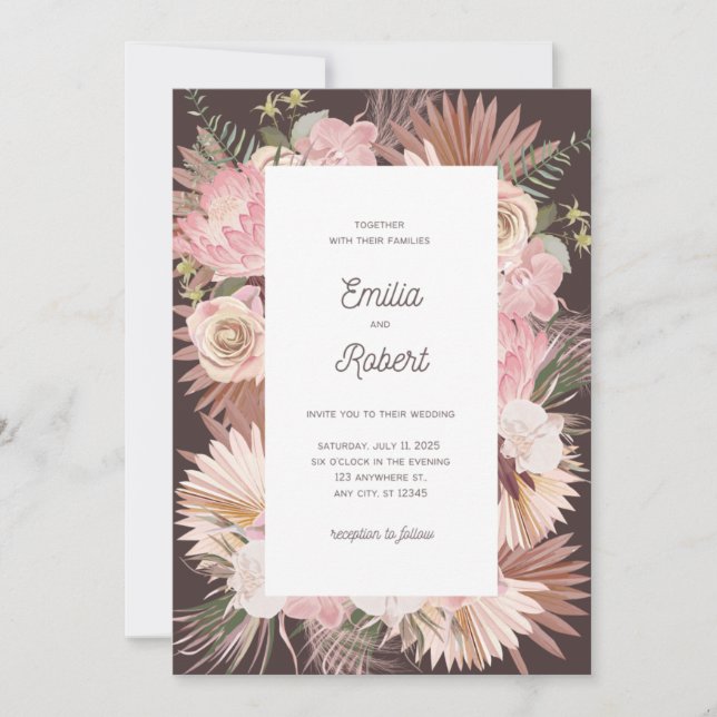 Blush Brown Floral sec Feuilles Faire-part de mari (Devant)