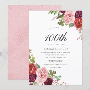 Blush & Burgund 100. Geburtstagsparty Einladung