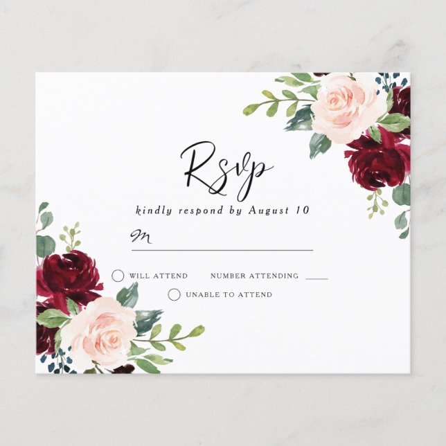 Blush & Burgund auf einer Budgethochzeit RSVP (Vorderseite)