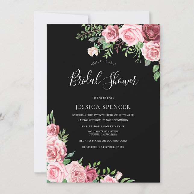 Blush & Burgund Black Floral Brautparty laden Einladung (Vorderseite)