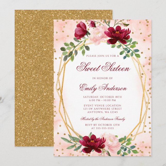Blush Burgund Bloral Gold Geometric Sweet 16 Einladung (Vorne/Hinten)