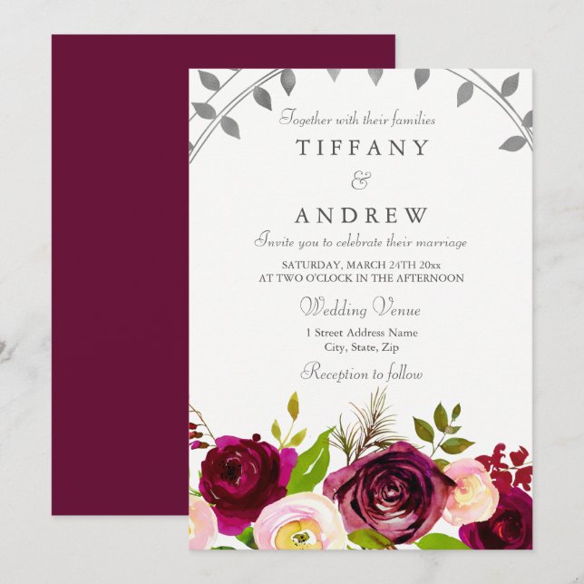 Blush & Burgund Bloral Wedding Einladung (Vorne/Hinten)