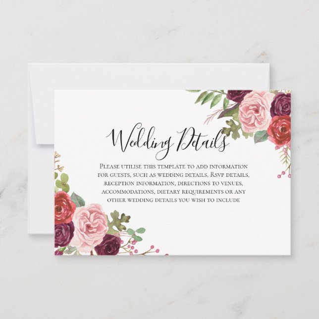 Blush & Burgund Blume Hochzeitsempfehlung Details Einladung (Vorderseite)