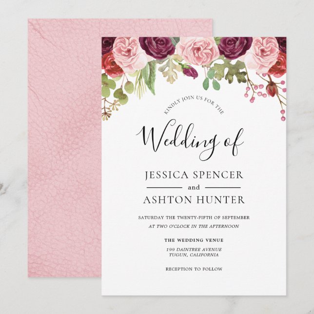 Blush & Burgund Blume Pastel Hochzeit Einladung (Vorne/Hinten)