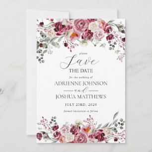 Blush & Burgund Blumenhochzeit speichern das Datum Einladung