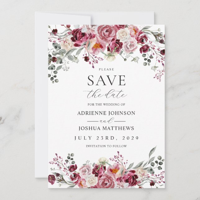 Blush & Burgund Peony Rose Hochzeit speichern das  Einladung (Vorderseite)