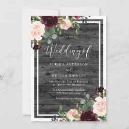Blush & Burgund Rote Blume Holzkohle Hochzeit Einladung