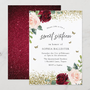 Blush & Burgund Rote Blume Sweet 16 Party Einladung