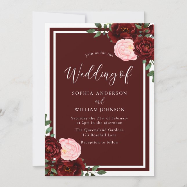 Blush & Burgund Rote Rosen Hochzeit auf elegante A Einladung (Vorderseite)