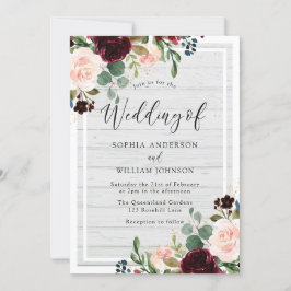 Blush & Burgund Rustikale Hochzeit aus weißem Holz Einladung