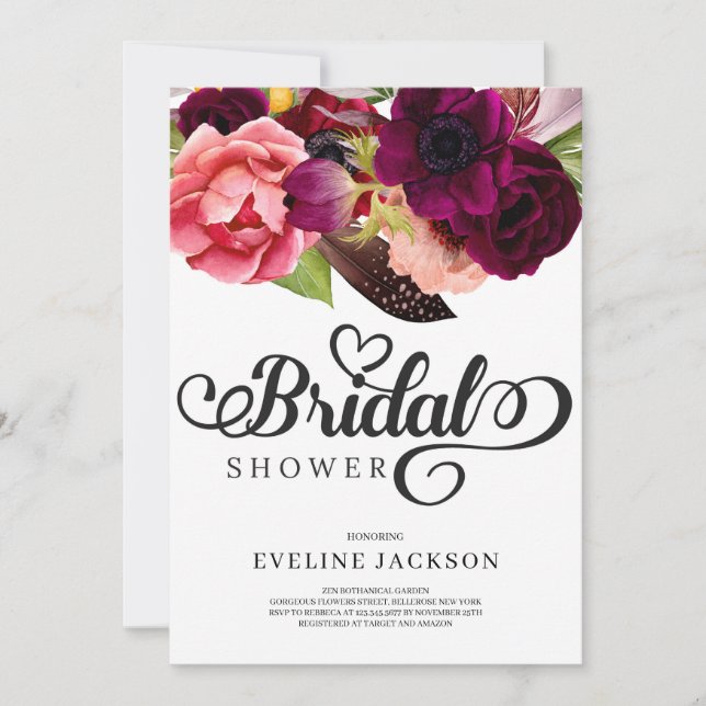 Blush Burgund und Moroon Floral Bridal Ivitation Einladung (Vorderseite)