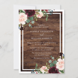 Blush & Burgund Wasserfarbe Rustikale Holzhochzeit Einladung