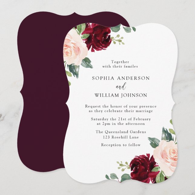 Blush & Burgund Wasserfarbenblühende Hochzeit Einladung (Vorne/Hinten)