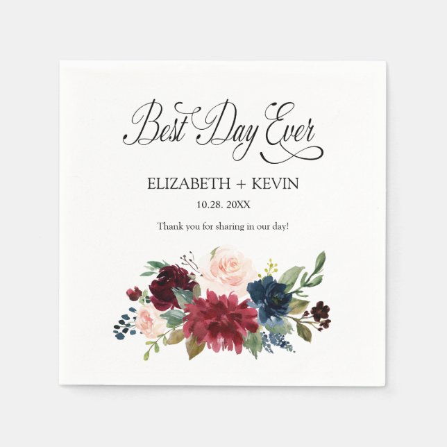 Blush Burgundy Bloral Best Day Ever Wedding Serviette (Vorderseite)
