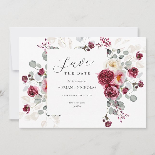 Blush & Burgundy Bloral Frame Wedding Save The Date (Vorderseite)