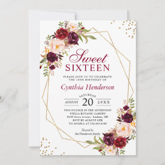Blush Burgundy Bloral Gold Frame 16 . Geburtstag 1 Einladung