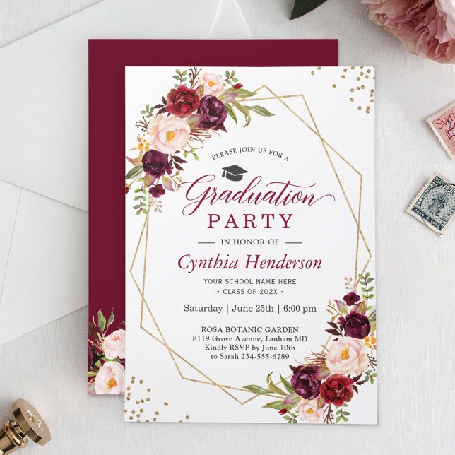 Blush Burgundy Bloral Gold Frame Graduation Party Einladung (Von Creator hochgeladen)