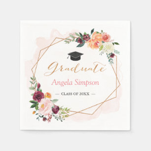 Blush Burgundy Bloral Gold Frame Graduation Party Serviette