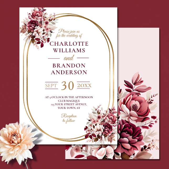 Blush Burgundy Bloral Gold Frame Moderne Hochzeit Einladung (Von Creator hochgeladen)