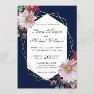 Blush Burgundy Bloral Navy Gold Geometric Wedding Einladung