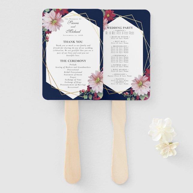 Blush Burgundy Bloral Navy Gold Hochzeitsprogramm Fächer (Vorne und Hinten)
