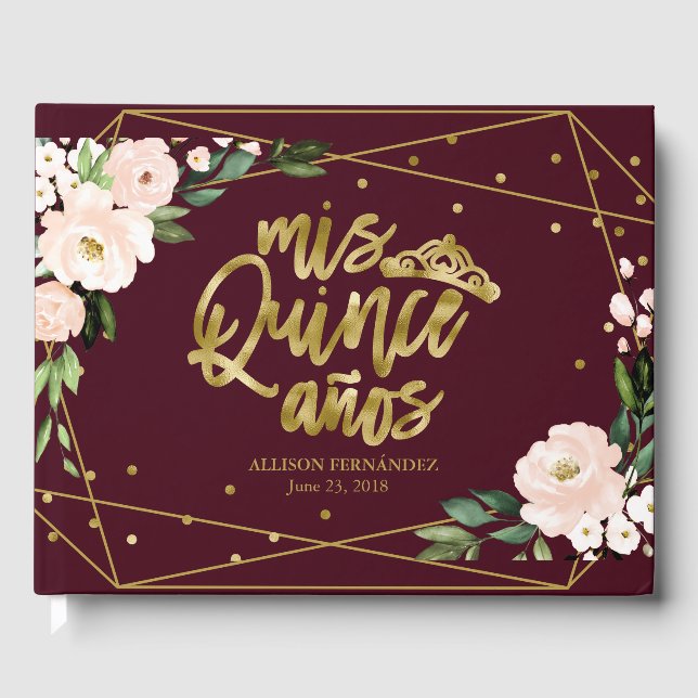 Blush Burgundy Bloral Quinceanera Gästebuch (Vorderseite)