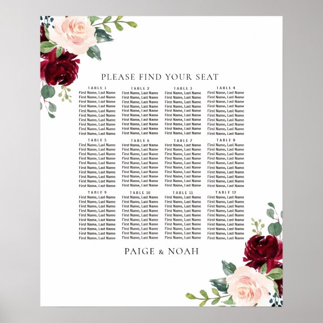 Blush Burgundy Bloral Table Seating Chart Hochzeit Poster (Vorne)