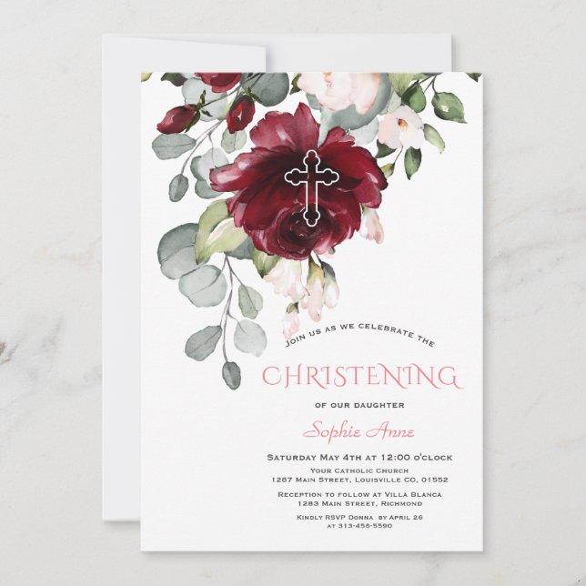 Blush Burgundy Blume Cross Girl Christening Einladung (Vorderseite)