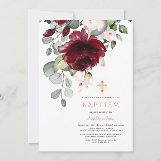 Blush Burgundy Blume Gold Cross Girl Baptisse Einladung (Vorderseite)