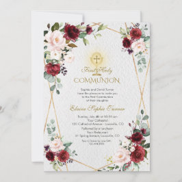 Blush Burgundy Blume Gold Erste Heilige Kommune Einladung