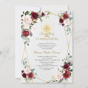 Blush Burgundy Blume Gold Erste Heilige Kommune Einladung
