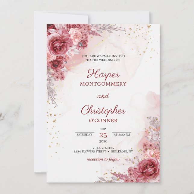 Blush Burgundy Blume Rose Imitats Goldhochzeit Einladung (Vorderseite)