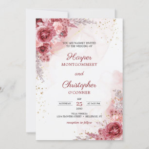 Blush Burgundy Blume Rose Imitats Goldhochzeit Einladung
