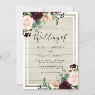 Blush & Burgundy Blume Rustikale Weißholzhochzeit Einladung