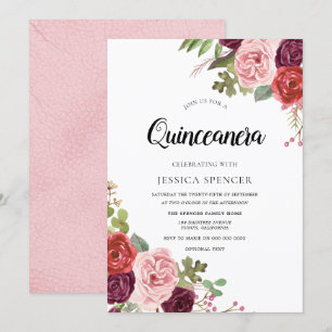 Blush & Burgundy Blume Trendy Quinceanera Einladen Einladung