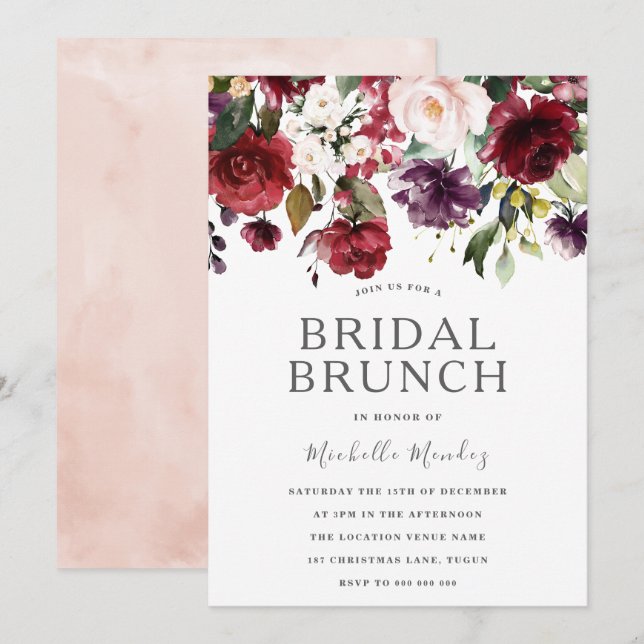 Blush Burgundy Brautparty Brunch Einladung (Vorne/Hinten)