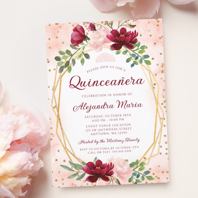 Blush Burgundy Floral Gold Geometric Quinceanera Einladung (Von Creator hochgeladen)