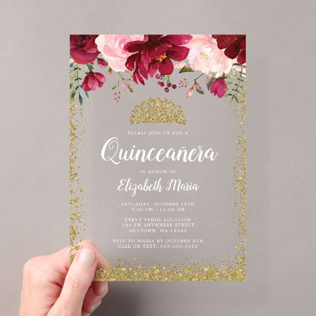 Blush Burgundy Floral Gold Tiara Quinceanera Acryleinladungen (Insitu (Handheld))