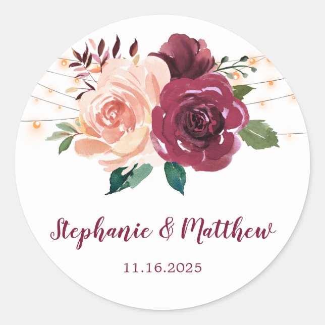 Blush Burgundy Floral Lights Wasserfarbenhochzeit Runder Aufkleber (Vorderseite)