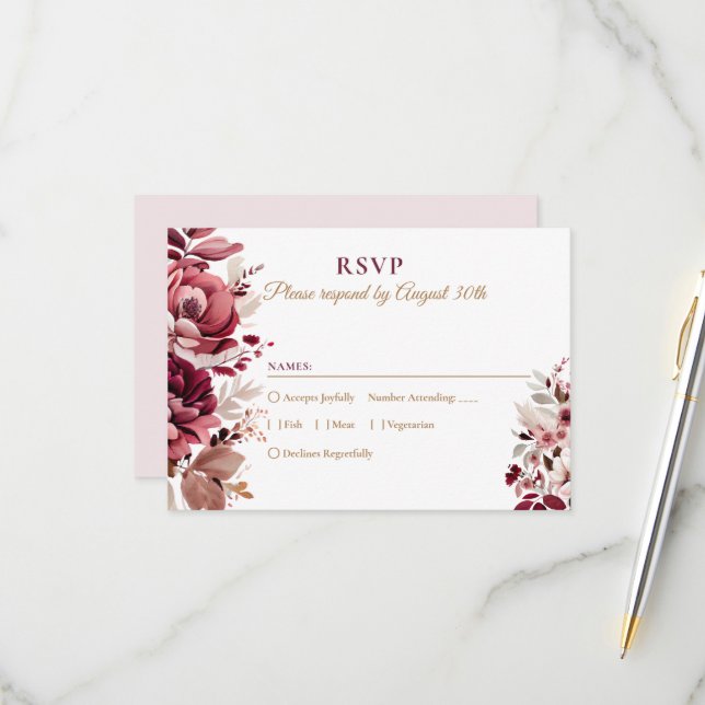 Blush Burgundy Floral Modern Wedding RSVP (Vorderseite/Rückseite Beispiel)