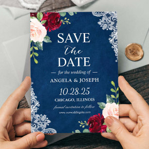 Blush Burgundy Floral Navy Blue Lace Wedding Save The Date