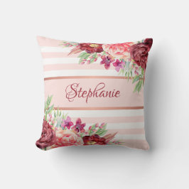 Blush Burgundy Floral Streifen Name Monogramm Kissen