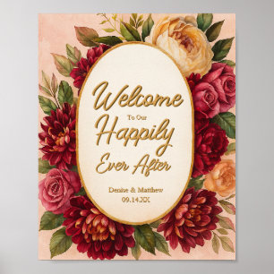 Blush Burgundy Floral Water Wedding Poster