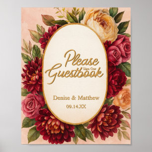 Blush Burgundy Floral Water Wedding Poster